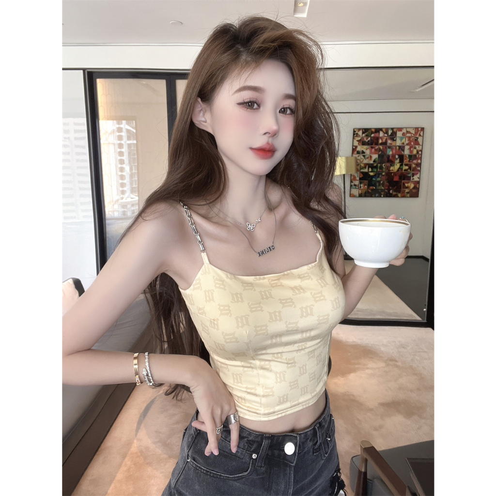 Lalisas Áo croptop Dáng Ôm Phối Dây Xích Thiết Kế Ngọt Ngào Quyến Rũ Cao Cấp Cho Nữ