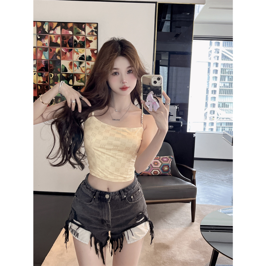 Lalisas Áo croptop Dáng Ôm Phối Dây Xích Thiết Kế Ngọt Ngào Quyến Rũ Cao Cấp Cho Nữ