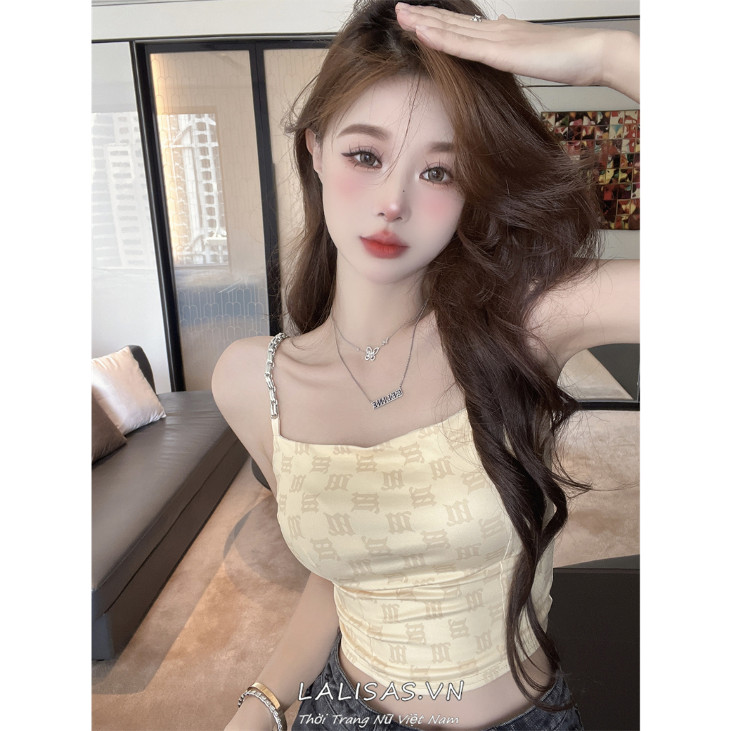 Lalisas Áo croptop Dáng Ôm Phối Dây Xích Thiết Kế Ngọt Ngào Quyến Rũ Cao Cấp Cho Nữ