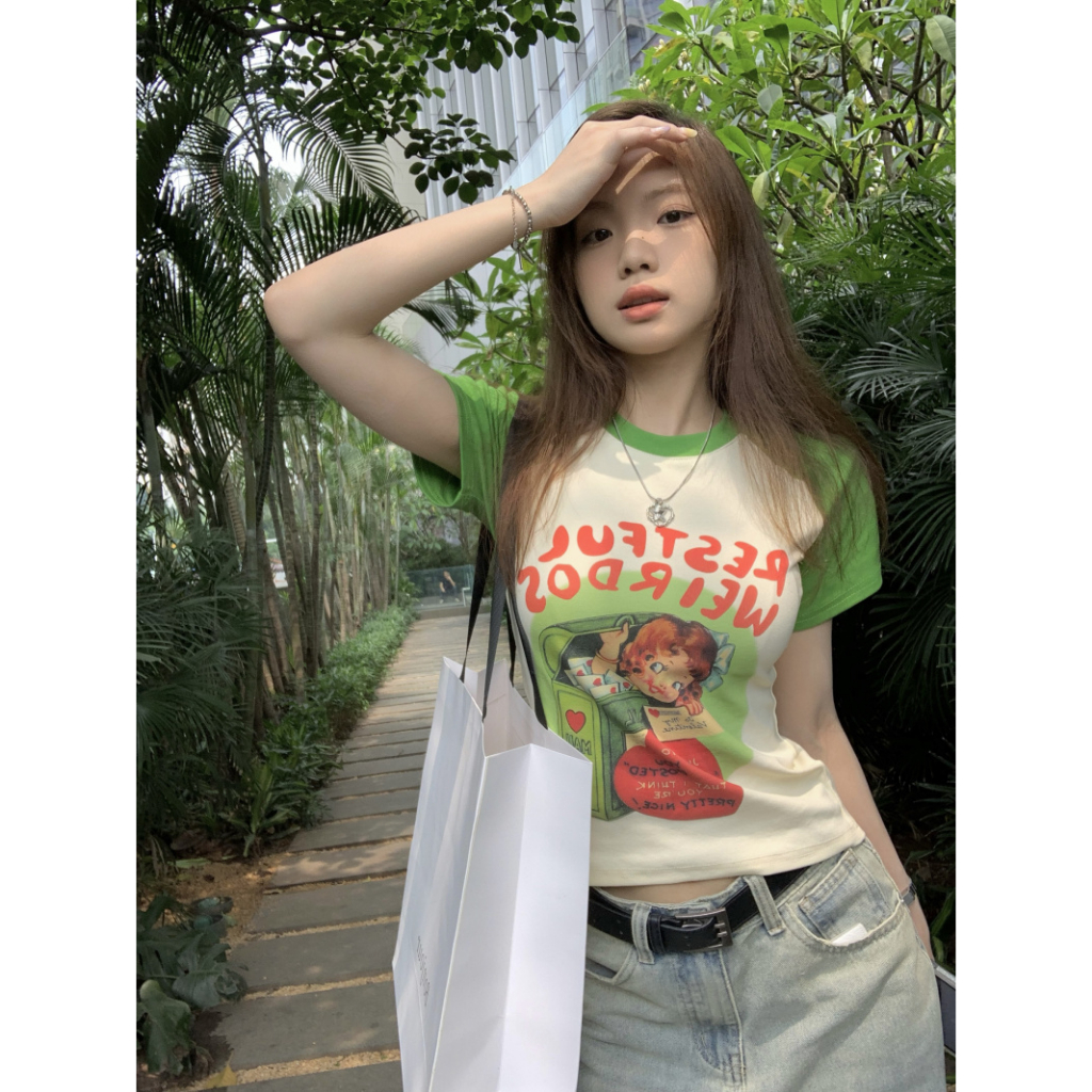 Áo Thun Tay Ngắn Dáng Ôm In Hoạt Hình Thời Trang Cá Tính Cho Nữ