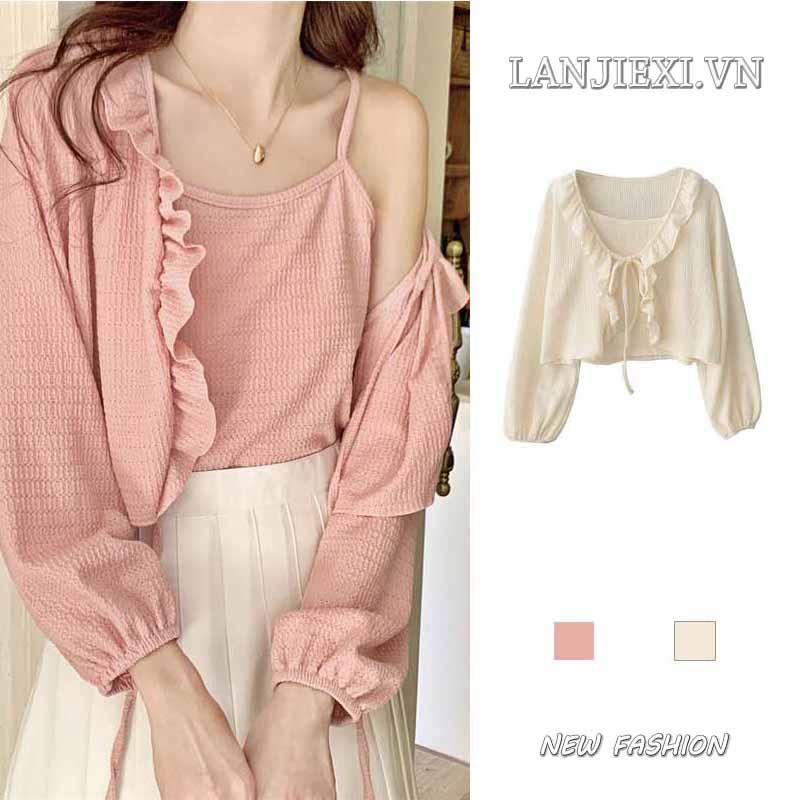 LANJIEXI Áo Khoác Cardigan Hai Dây Cột Dây Dáng Ngắn Phối Bèo Phong Cách Pháp Cổ Điển Thời Trang Xinh Xắn Cho