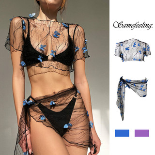Bikini Bộ Đồ Bơi Áo Croptop Tay Ngắn Phối Chân Váy Lưới Mỏng Ba Chiều Trang Trí Hình Bướm Buộc Dây