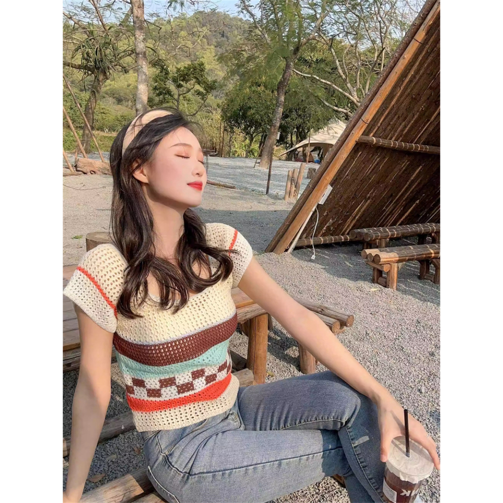 Áo Thun Tay Ngắn Kẻ Sọc Phối Màu Tương Phản Ngọt Ngào