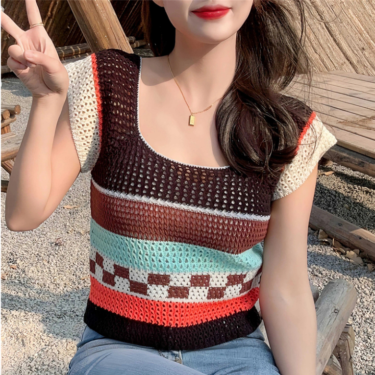 Áo Thun Tay Ngắn Kẻ Sọc Phối Màu Tương Phản Ngọt Ngào