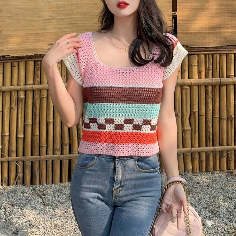 Áo Thun Tay Ngắn Kẻ Sọc Phối Màu Tương Phản Ngọt Ngào