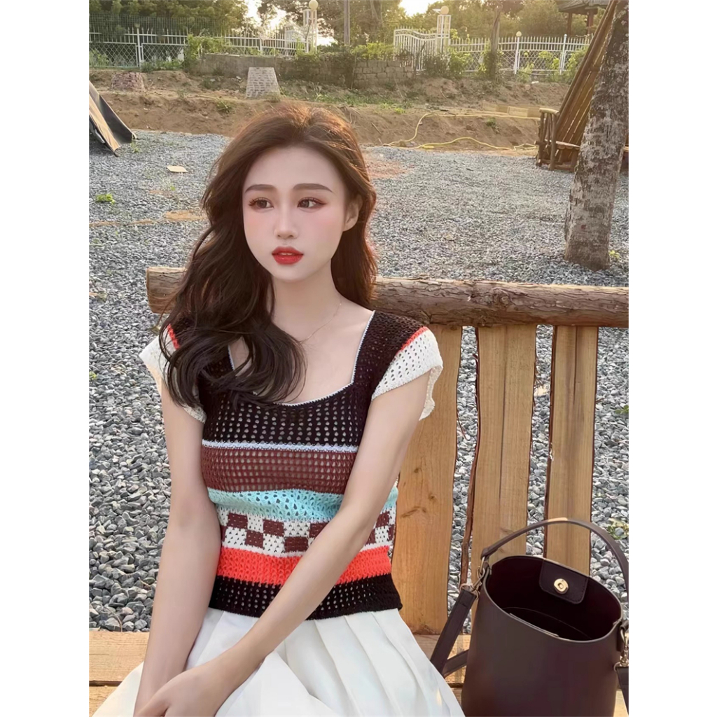 Áo Thun Tay Ngắn Kẻ Sọc Phối Màu Tương Phản Ngọt Ngào