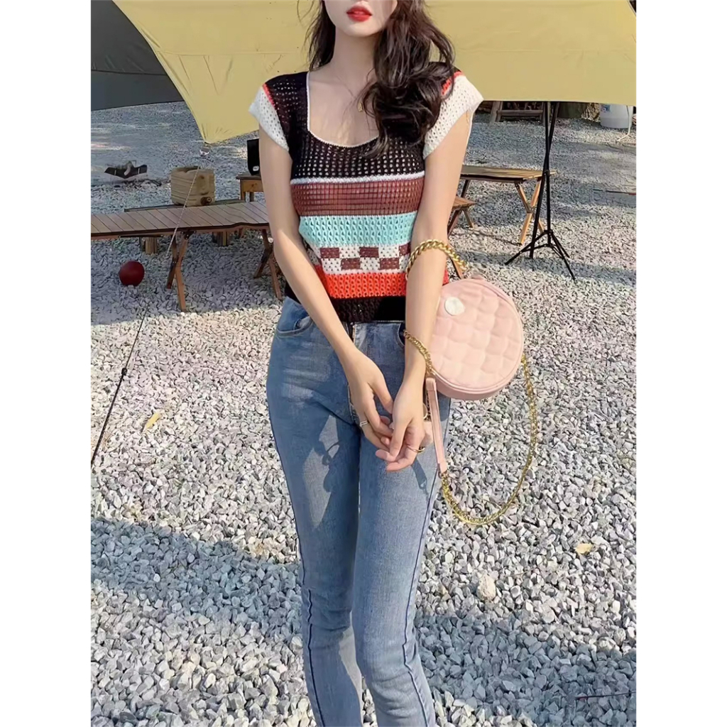 Áo Thun Tay Ngắn Kẻ Sọc Phối Màu Tương Phản Ngọt Ngào