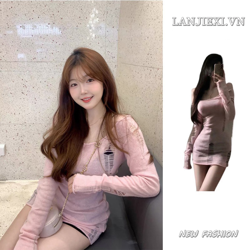 ĐLANJIEXI ầm Dệt Kim Trễ Vai Một Bên Cổ Chữ V Thiết Kế Xẻ Rách Phong Cách Quyến Rũ