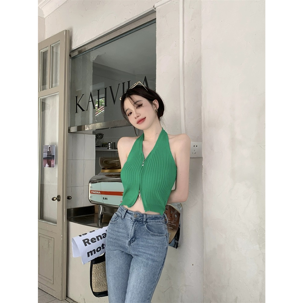 LANJIEXI Áo Croptop Dệt Kim Hai Dây Màu Sắc Đơn Giản Cho Nữ