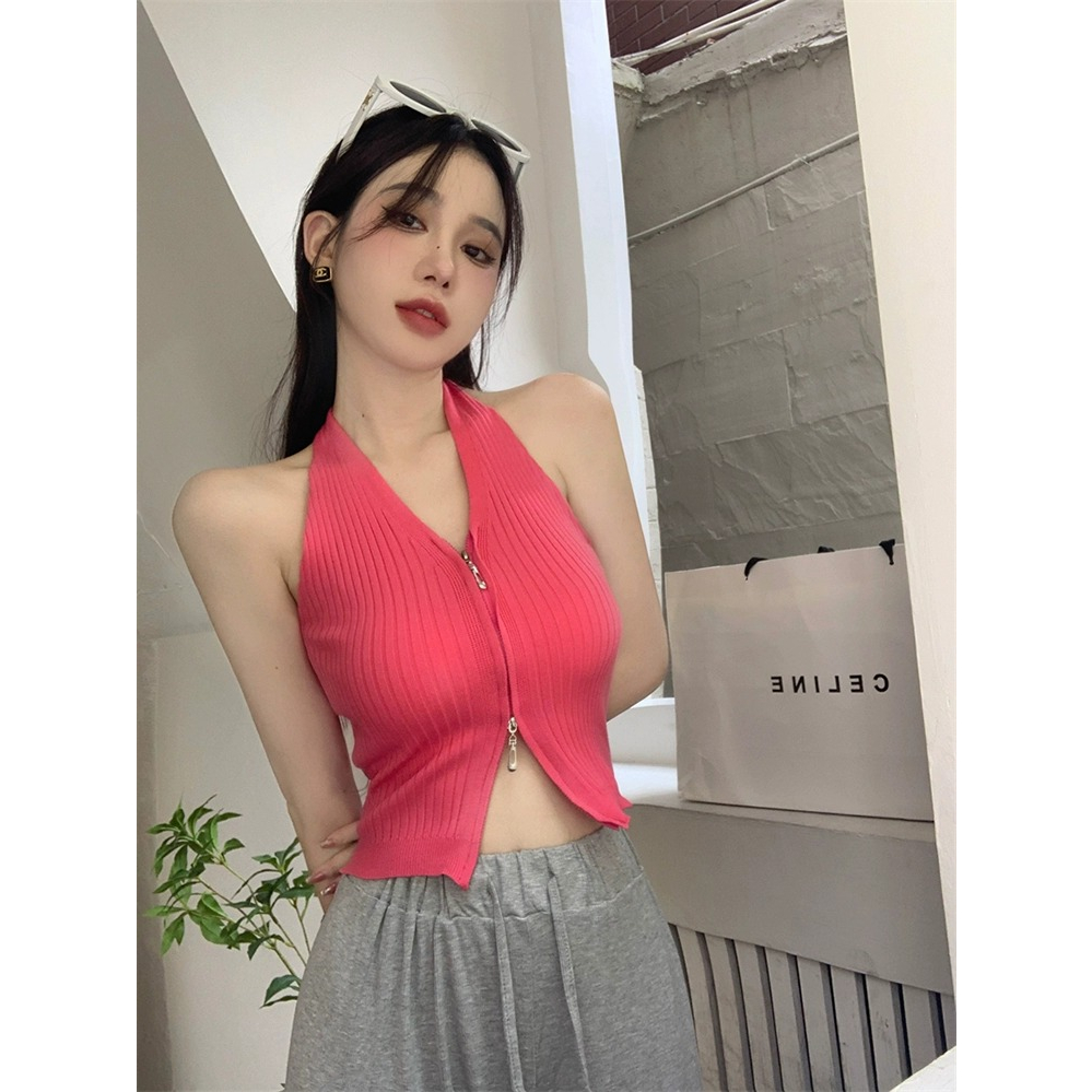 LANJIEXI Áo Croptop Dệt Kim Hai Dây Màu Sắc Đơn Giản Cho Nữ