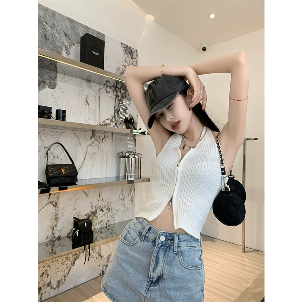 LANJIEXI Áo Croptop Dệt Kim Hai Dây Màu Sắc Đơn Giản Cho Nữ
