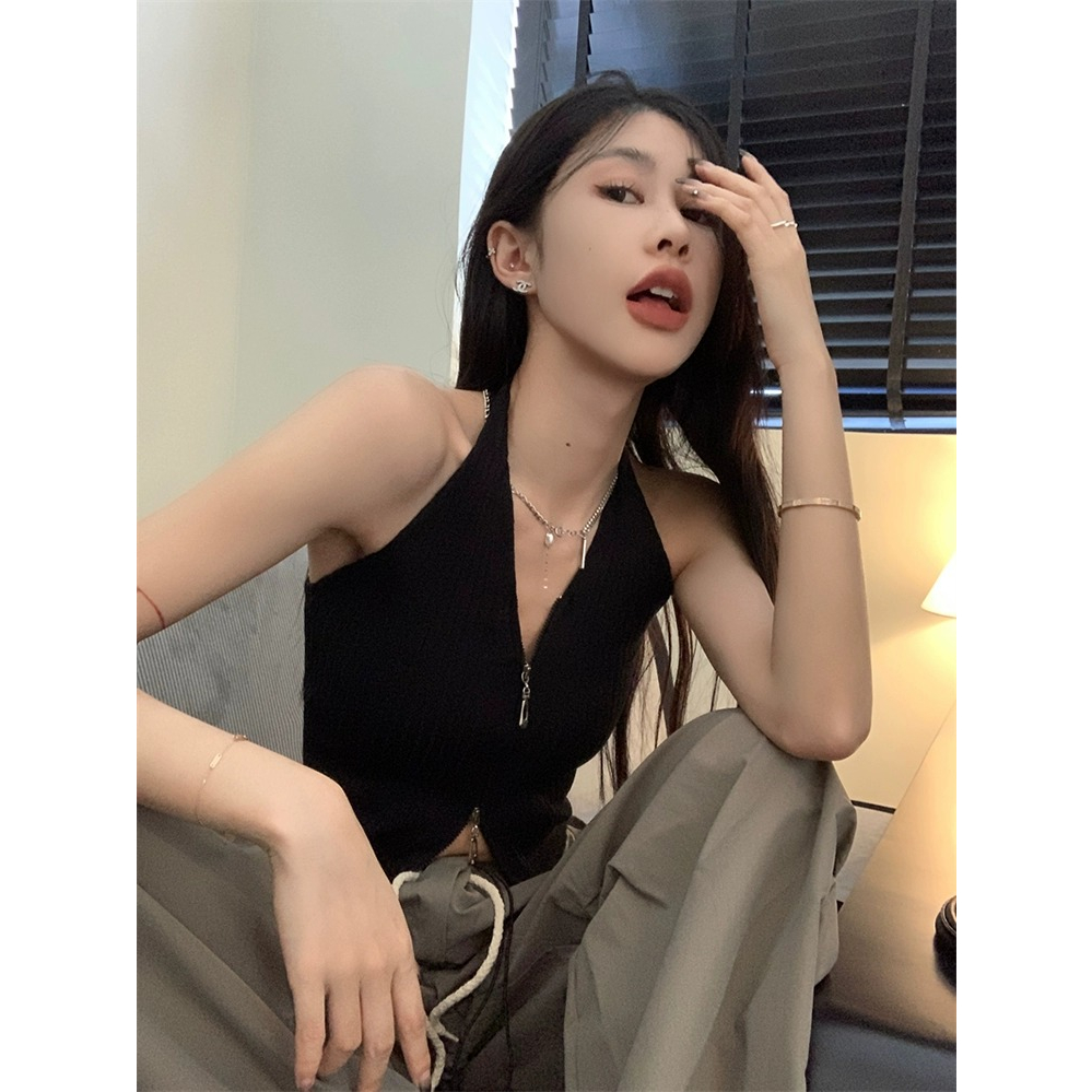 LANJIEXI Áo Croptop Dệt Kim Hai Dây Màu Sắc Đơn Giản Cho Nữ