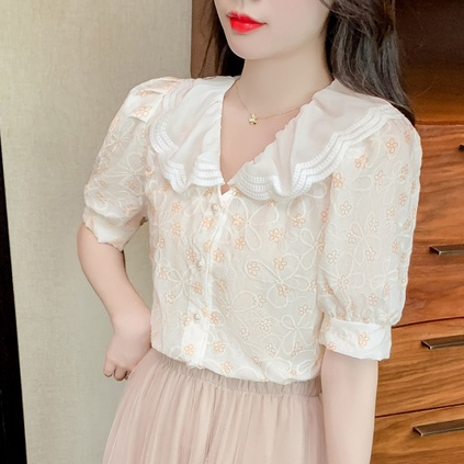 Áo Sơ Mi Voan Cổ Búp Bê / Dễ Phối Đồ / Mỏng / Thêu / Phong Cách Mới / Ren / Cá Nhân KNK0