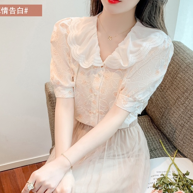 Áo Sơ Mi Voan Cổ Búp Bê / Dễ Phối Đồ / Mỏng / Thêu / Phong Cách Mới / Ren / Cá Nhân KNK0