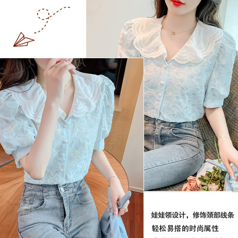 Áo Sơ Mi Voan Cổ Búp Bê / Dễ Phối Đồ / Mỏng / Thêu / Phong Cách Mới / Ren / Cá Nhân KNK0