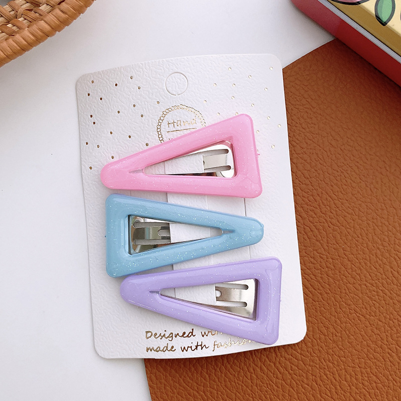 Set 3 Kẹp Tóc Hình Tam Giác / Giọt Nước Màu Hồng / Xanh Dương / Tím Dễ Thương Cho Nữ