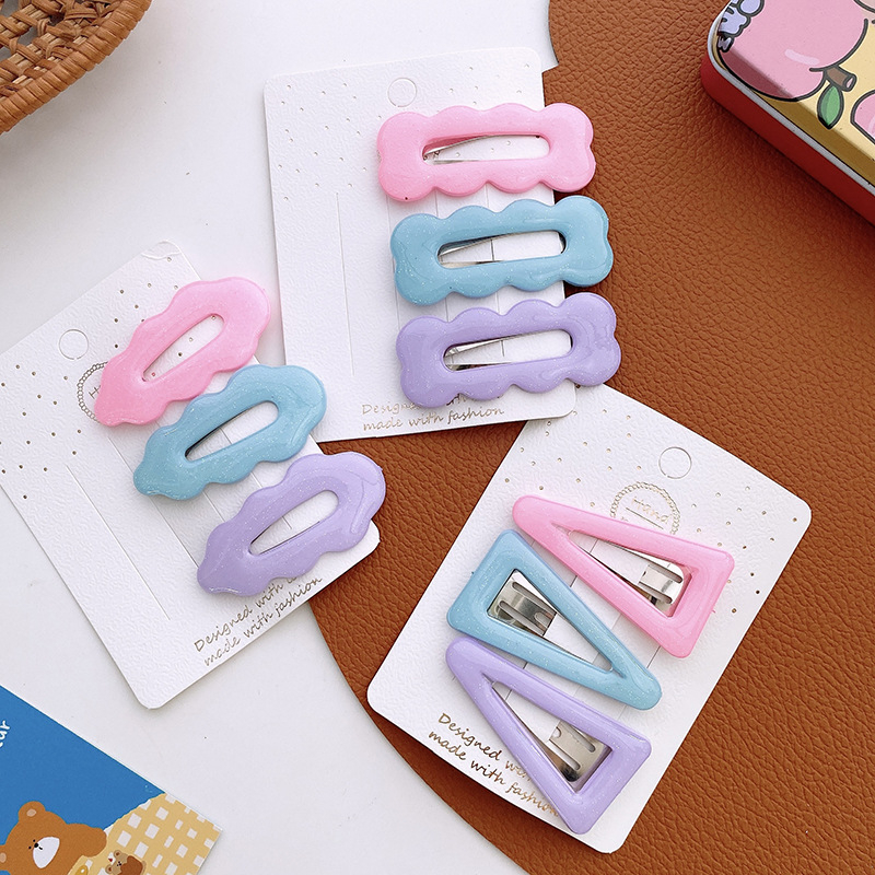 Set 3 Kẹp Tóc Hình Tam Giác / Giọt Nước Màu Hồng / Xanh Dương / Tím Dễ Thương Cho Nữ