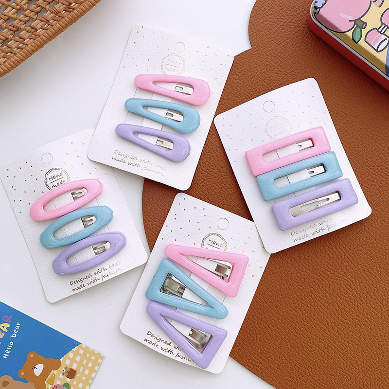 Set 3 Kẹp Tóc Hình Tam Giác / Giọt Nước Màu Hồng / Xanh Dương / Tím Dễ Thương Cho Nữ