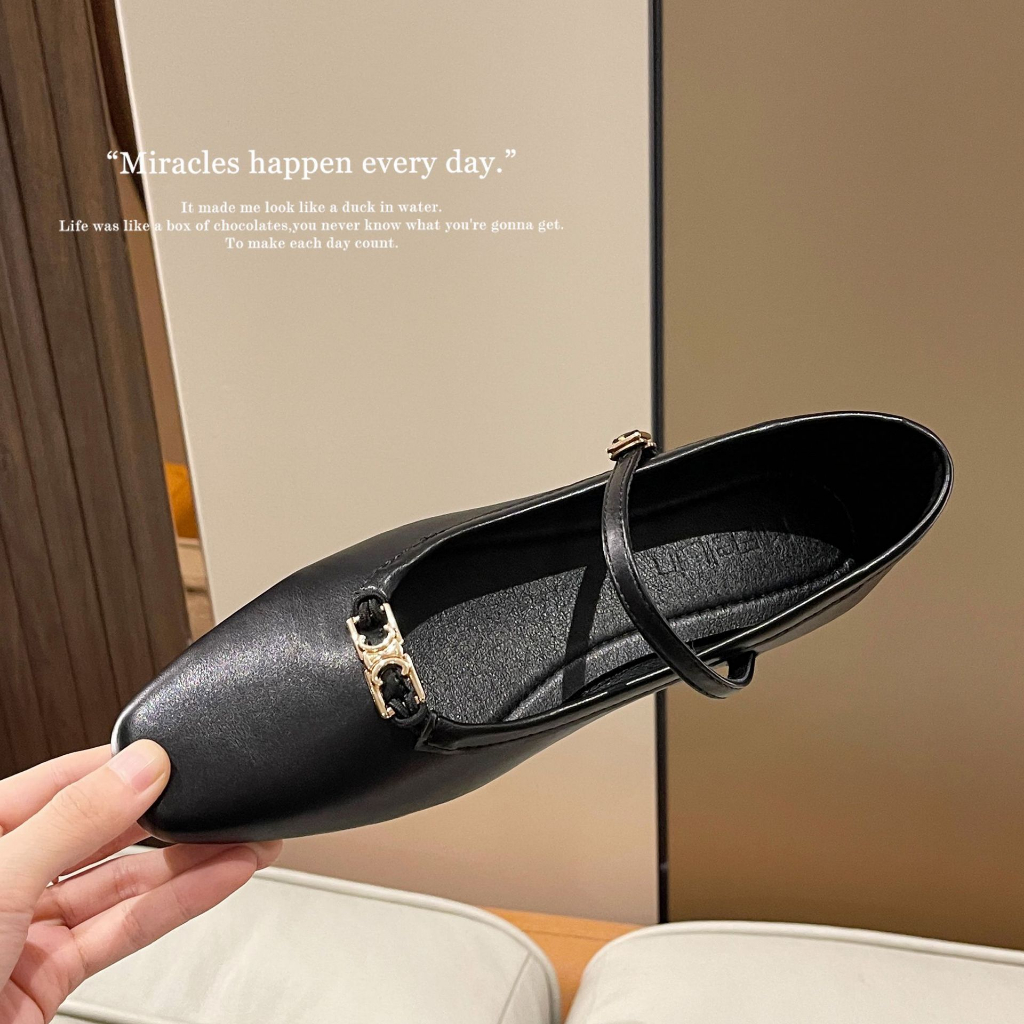 Prowow❤Giày Búp Bê Đế Bằng Màu Đen Phong Cách mary jane