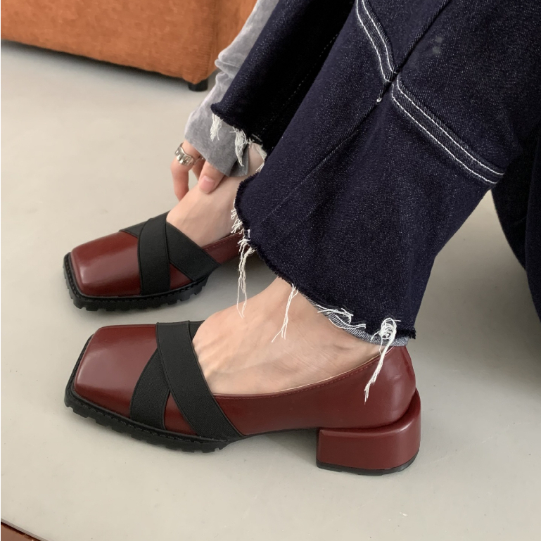 Prowow❤Giày Cao Gót Da Mũi Vuông Phong Cách Retro Cho Nữ