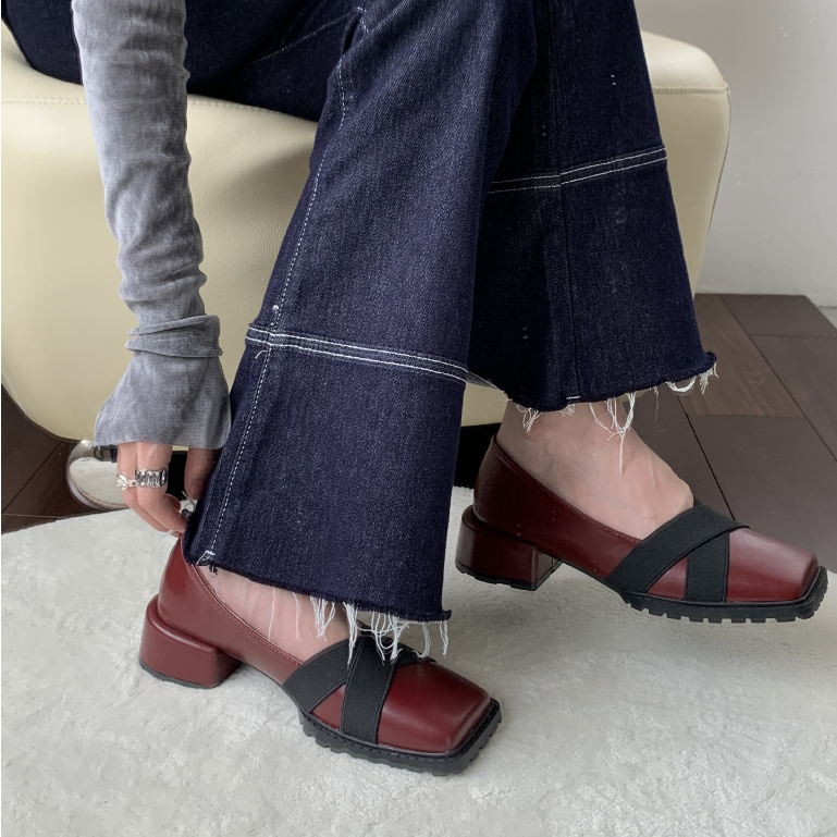 Prowow❤Giày Cao Gót Da Mũi Vuông Phong Cách Retro Cho Nữ