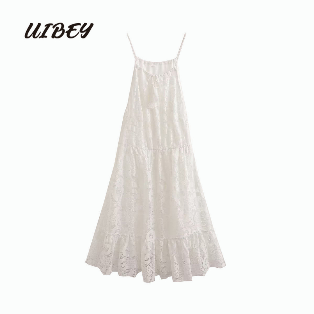 Uibey Đầm Hai Dây Phối Ren Tua Rua Tự Cột Eo Thời Trang 3211