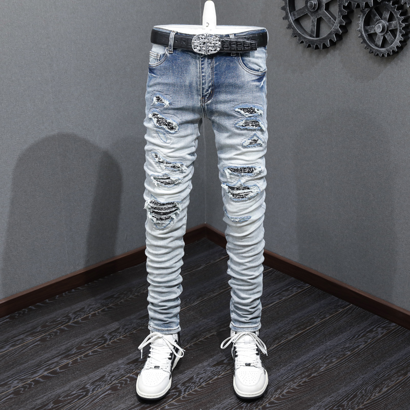Amiri High Quality Street Fashion Men Jeans Vintage Grey Blue Elastic Tight Patch Designer Same Hip Hop Men Jeans