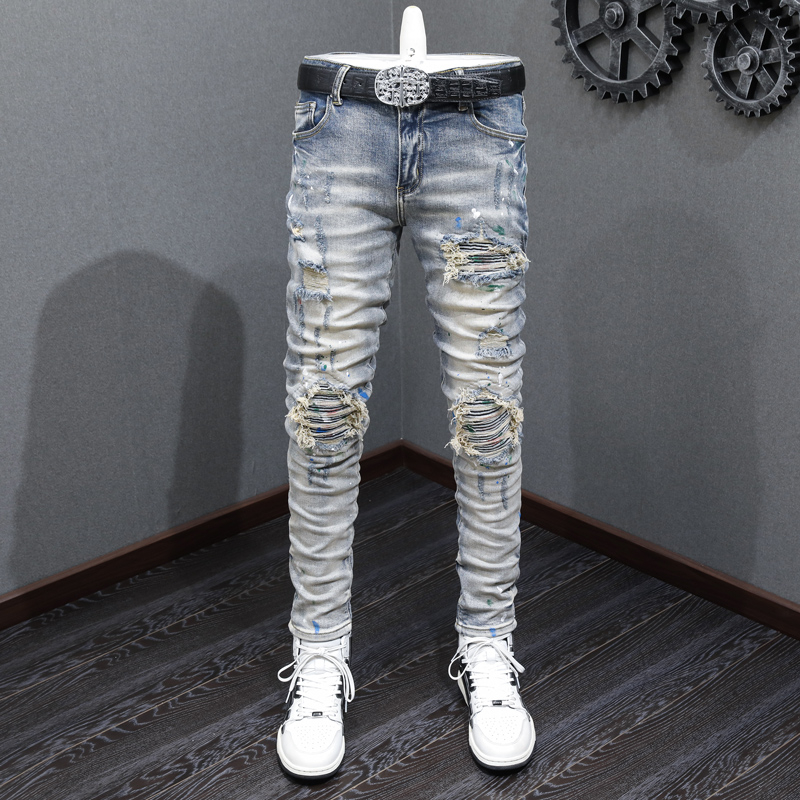 Amiri High Quality Street Fashion Men Jeans Vintage Blue Elastic Fit Patch Designer Style Hip Hop Men Jeans