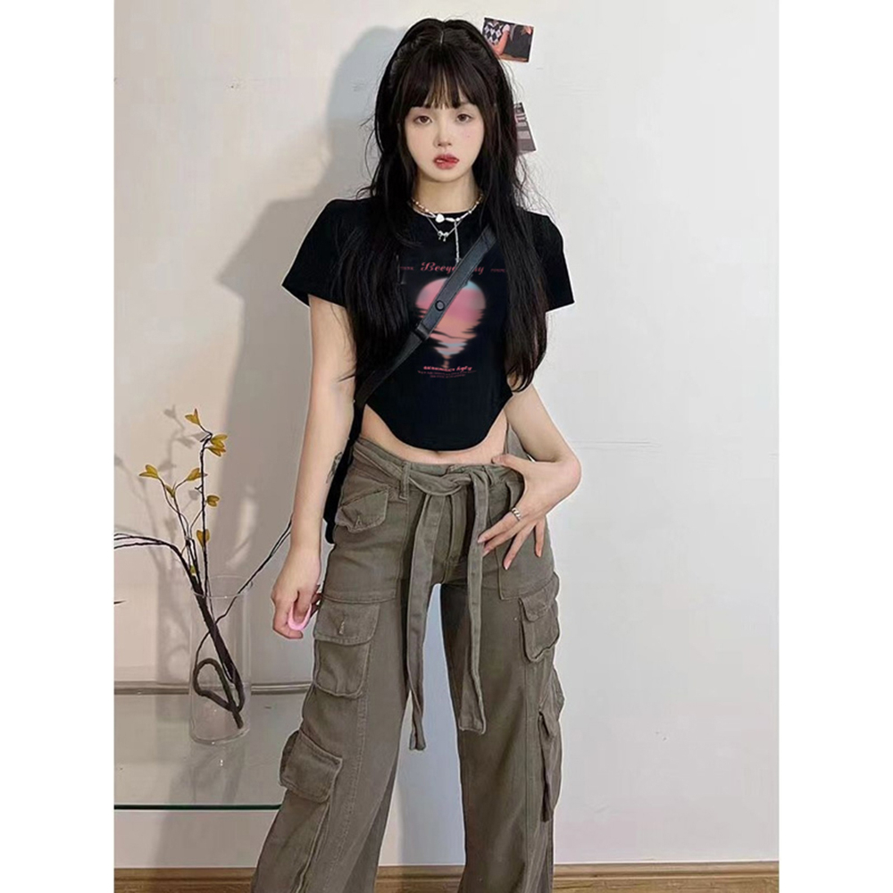 「DUSE」Áo Thun 100% cotton Màu Đen Tay Ngắn Cổ Tròn Dáng Rộng In Chữ dopamine Phong Cách Hàn Quốc Thời Trang Mùa Hè