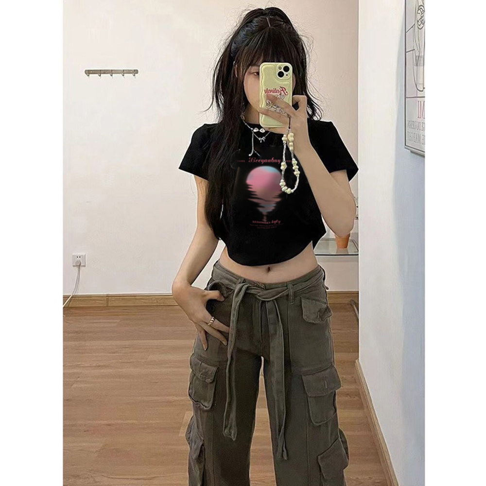 「DUSE」Áo Thun 100% cotton Màu Đen Tay Ngắn Cổ Tròn Dáng Rộng In Chữ dopamine Phong Cách Hàn Quốc Thời Trang Mùa Hè