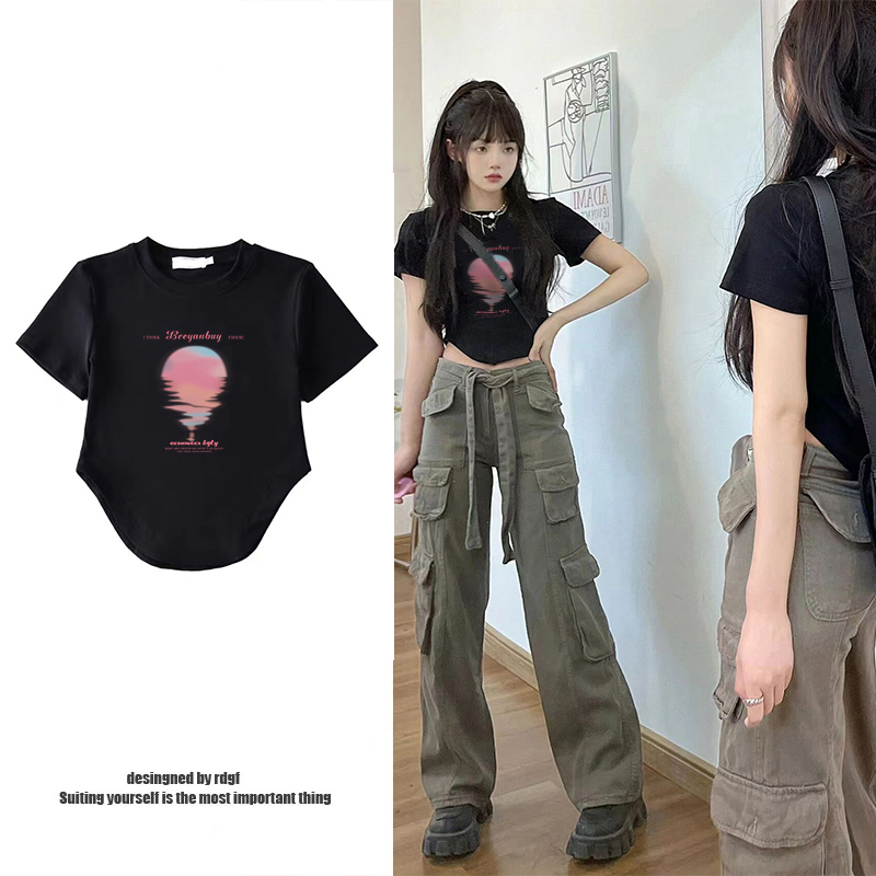 「DUSE」Áo Thun 100% cotton Màu Đen Tay Ngắn Cổ Tròn Dáng Rộng In Chữ dopamine Phong Cách Hàn Quốc Thời Trang Mùa Hè