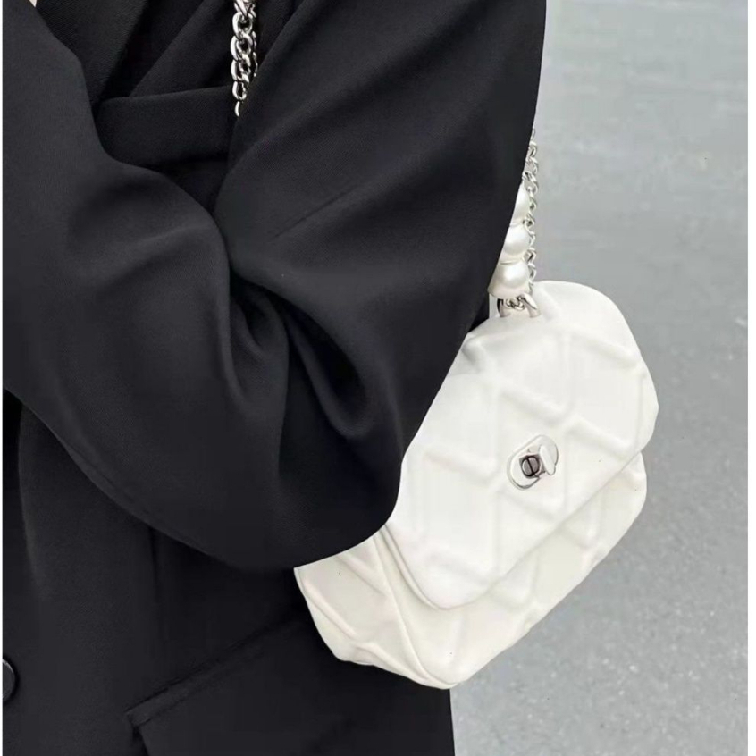 Alphaz Túi Xách Da PU Đính Ngọc Trai Phối Dây Xích Thời Trang Sang Trọng