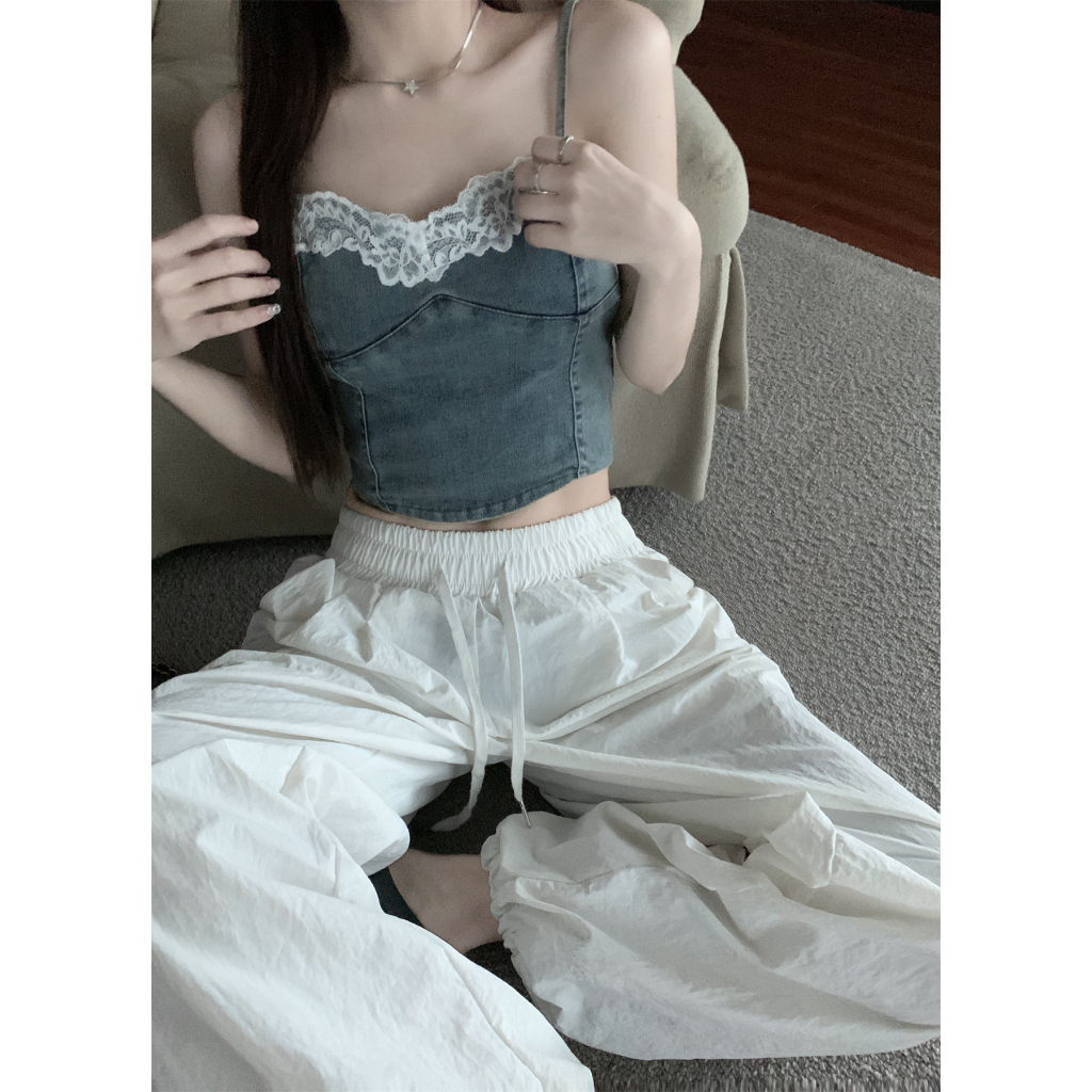 QADCOL Áo Hai Dây Dáng Ngắn Phối Ren Phong Cách Cao Bồi Thời Trang Mùa Hè Ngọt Ngào Cho Nữ