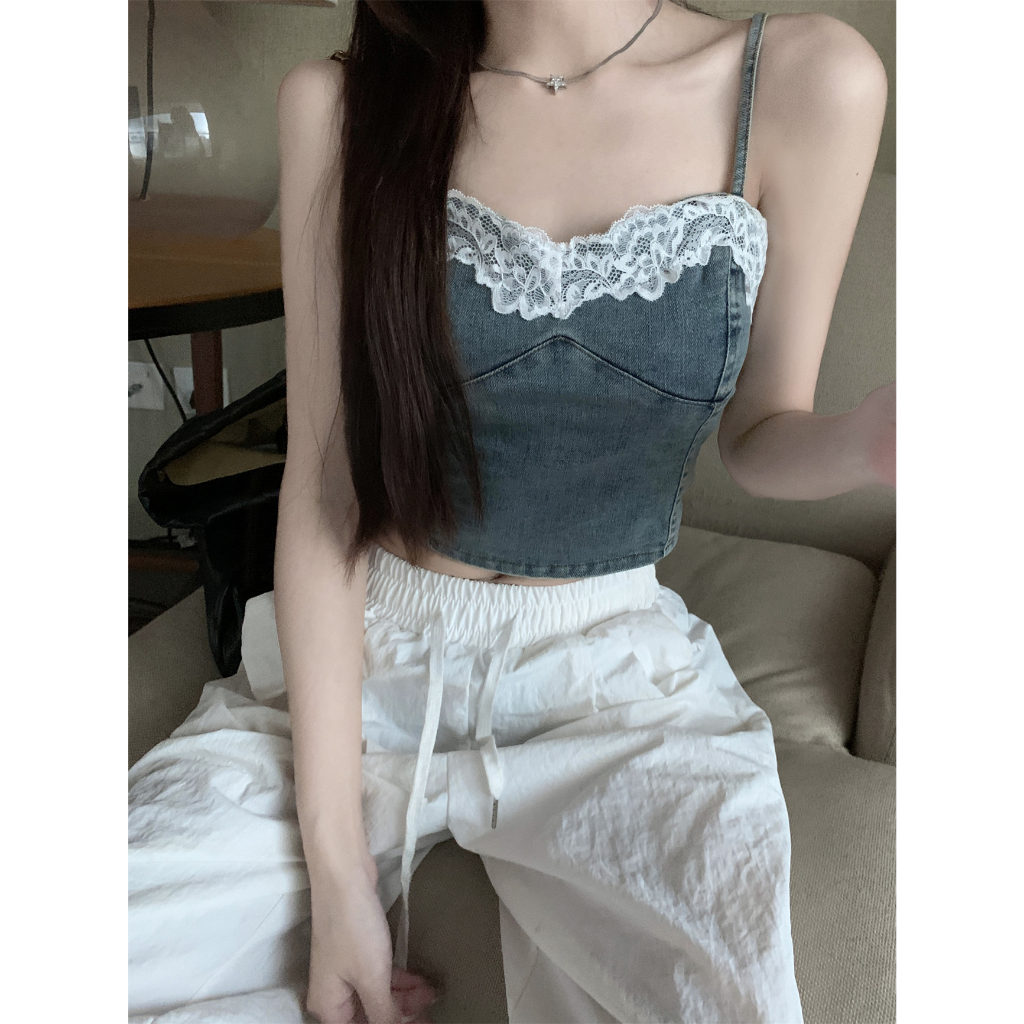 QADCOL Áo Hai Dây Dáng Ngắn Phối Ren Phong Cách Cao Bồi Thời Trang Mùa Hè Ngọt Ngào Cho Nữ