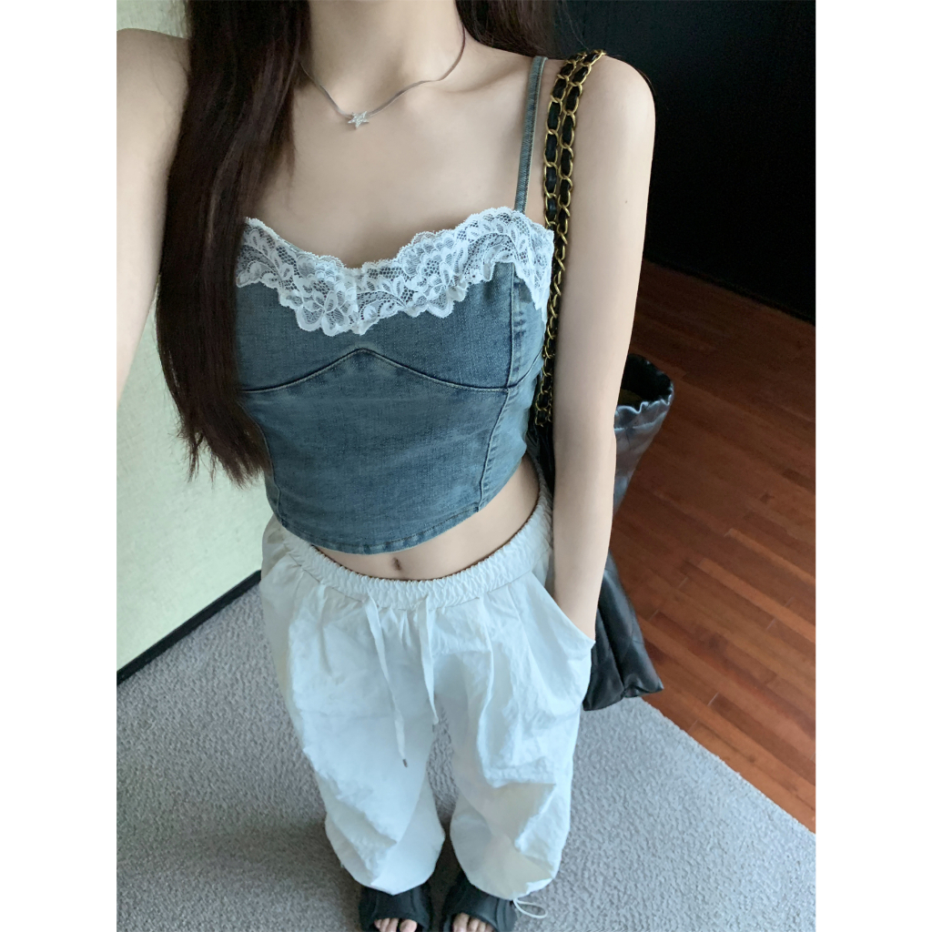 QADCOL Áo Hai Dây Dáng Ngắn Phối Ren Phong Cách Cao Bồi Thời Trang Mùa Hè Ngọt Ngào Cho Nữ