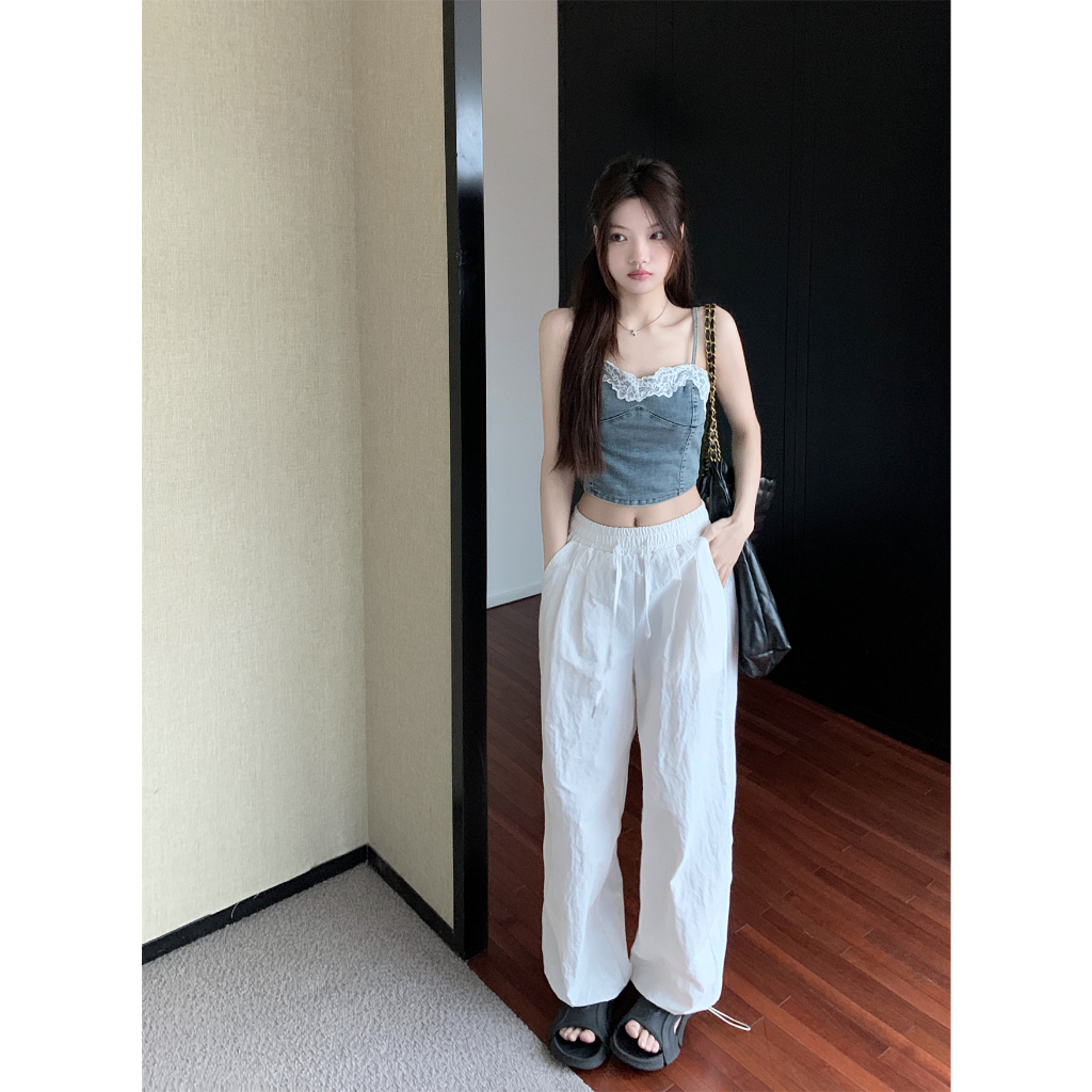 QADCOL Áo Hai Dây Dáng Ngắn Phối Ren Phong Cách Cao Bồi Thời Trang Mùa Hè Ngọt Ngào Cho Nữ