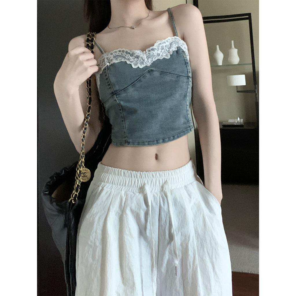 QADCOL Áo Hai Dây Dáng Ngắn Phối Ren Phong Cách Cao Bồi Thời Trang Mùa Hè Ngọt Ngào Cho Nữ