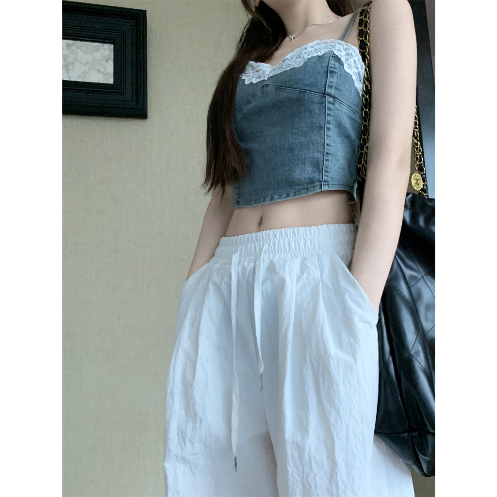 QADCOL Áo Hai Dây Dáng Ngắn Phối Ren Phong Cách Cao Bồi Thời Trang Mùa Hè Ngọt Ngào Cho Nữ