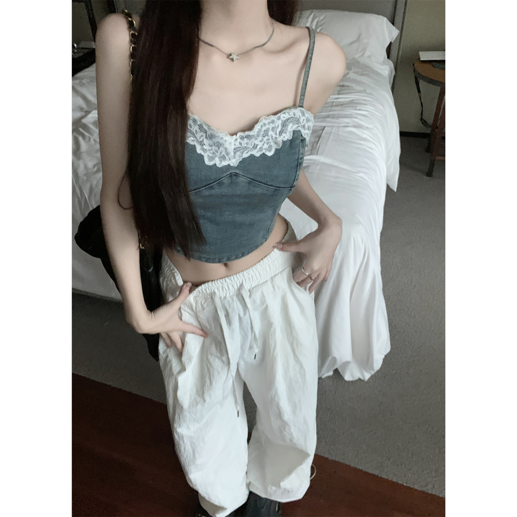 QADCOL Áo Hai Dây Dáng Ngắn Phối Ren Phong Cách Cao Bồi Thời Trang Mùa Hè Ngọt Ngào Cho Nữ