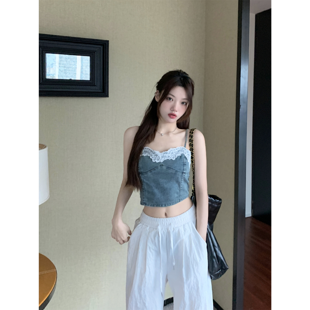 QADCOL Áo Hai Dây Dáng Ngắn Phối Ren Phong Cách Cao Bồi Thời Trang Mùa Hè Ngọt Ngào Cho Nữ