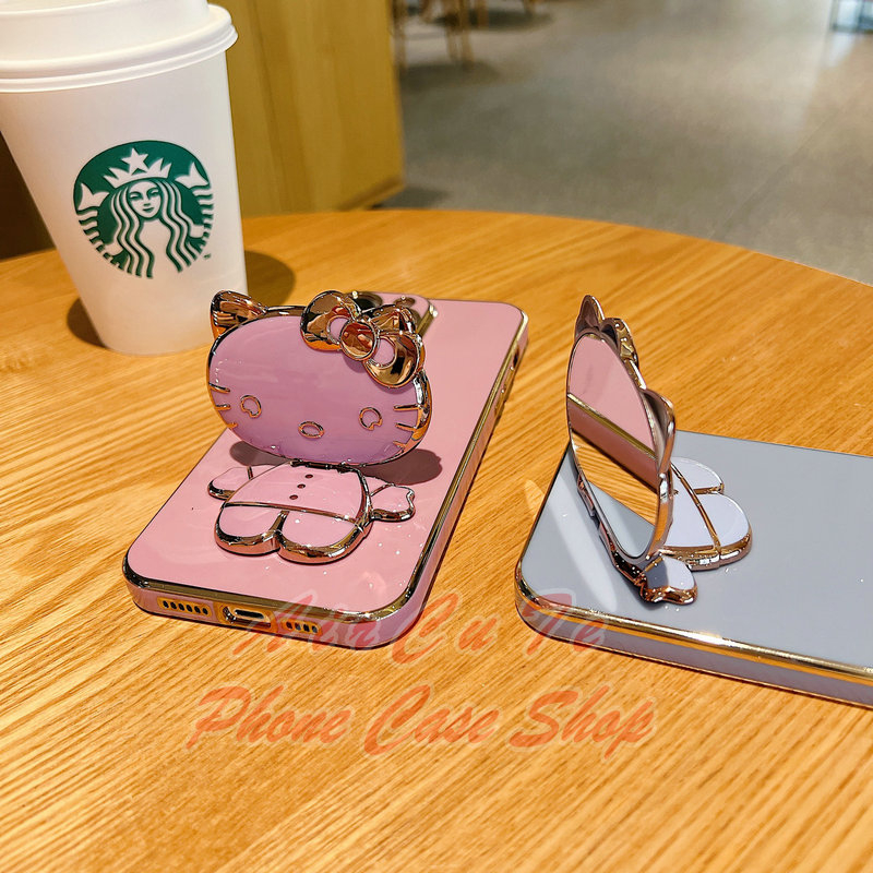 Ốp lưng Xiaomi Redmi Note 10 10S 9 9S 8 7 Pro Redmi 10 10C 10A 9 9A 9T 9C A1 A2 A2+ A3 Plus 4G 5G MI Redmi10 2022 Plating Hello Kitty Cat Cosmetic Mirror Stand Soft Case