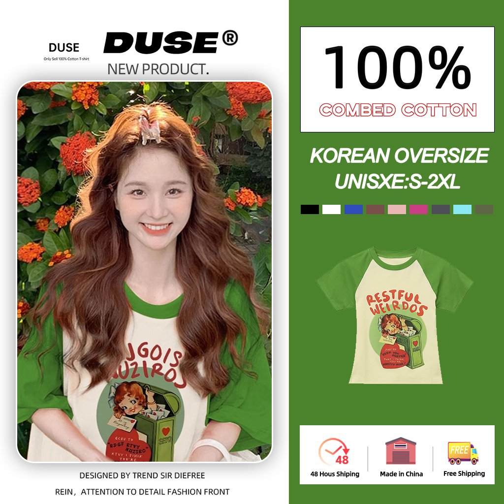 「DUSE」Áo Thun 100% cotton Tay Ngắn Cổ Tròn In Họa Tiết Hoạt Hình Phong Cách Hàn Quốc Dành Cho Nam Nữ
