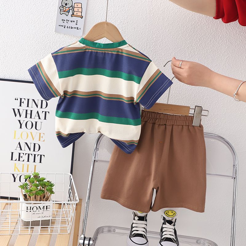 Set Đồ 2 Món Gồm Áo Thun cotton Tay Cộc Kẻ Sọc In logo Phi Hành Gia Phát Sáng Thời Trang Hàn Quốc Cho Bé Trai