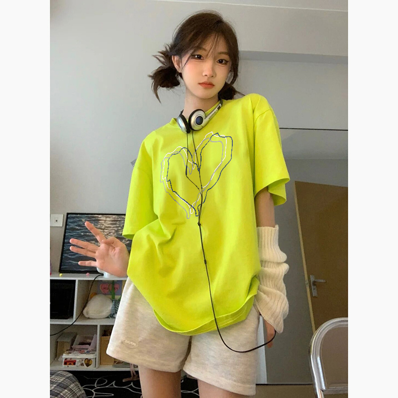 「DUSE」Áo Thun 100% cotton Tay Ngắn Cổ Tròn In Hình Trái Tim Màu Xanh Lá Dạ Quang Phong Cách Hàn Quốc Thời Trang Mùa Hè