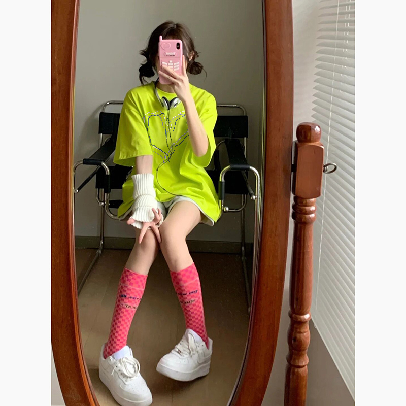 「DUSE」Áo Thun 100% cotton Tay Ngắn Cổ Tròn In Hình Trái Tim Màu Xanh Lá Dạ Quang Phong Cách Hàn Quốc Thời Trang Mùa Hè