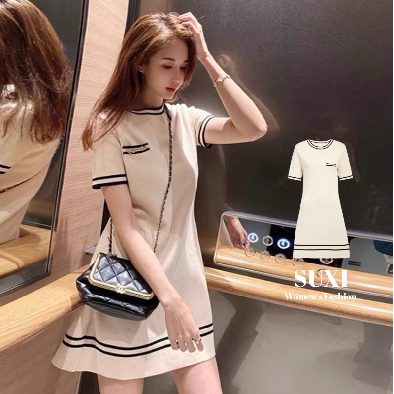 SUXI Đầm mini tay ngắn phong cách Pháp cổ điển thời trang mùa hè xinh xắn dành cho nữ