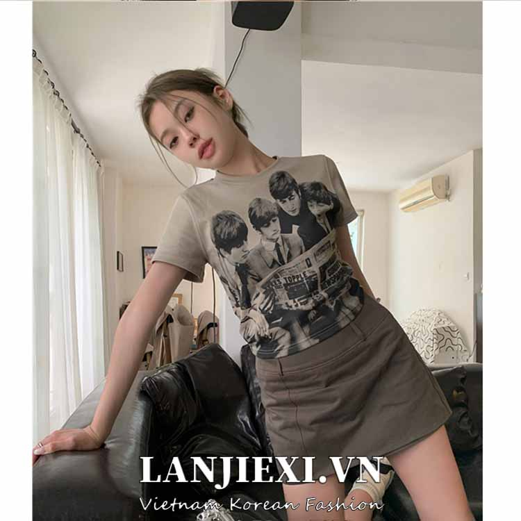 LANJIEXI Áo Thun Nữ Ngắn Tay Cổ Tròn Thời Trang Retro