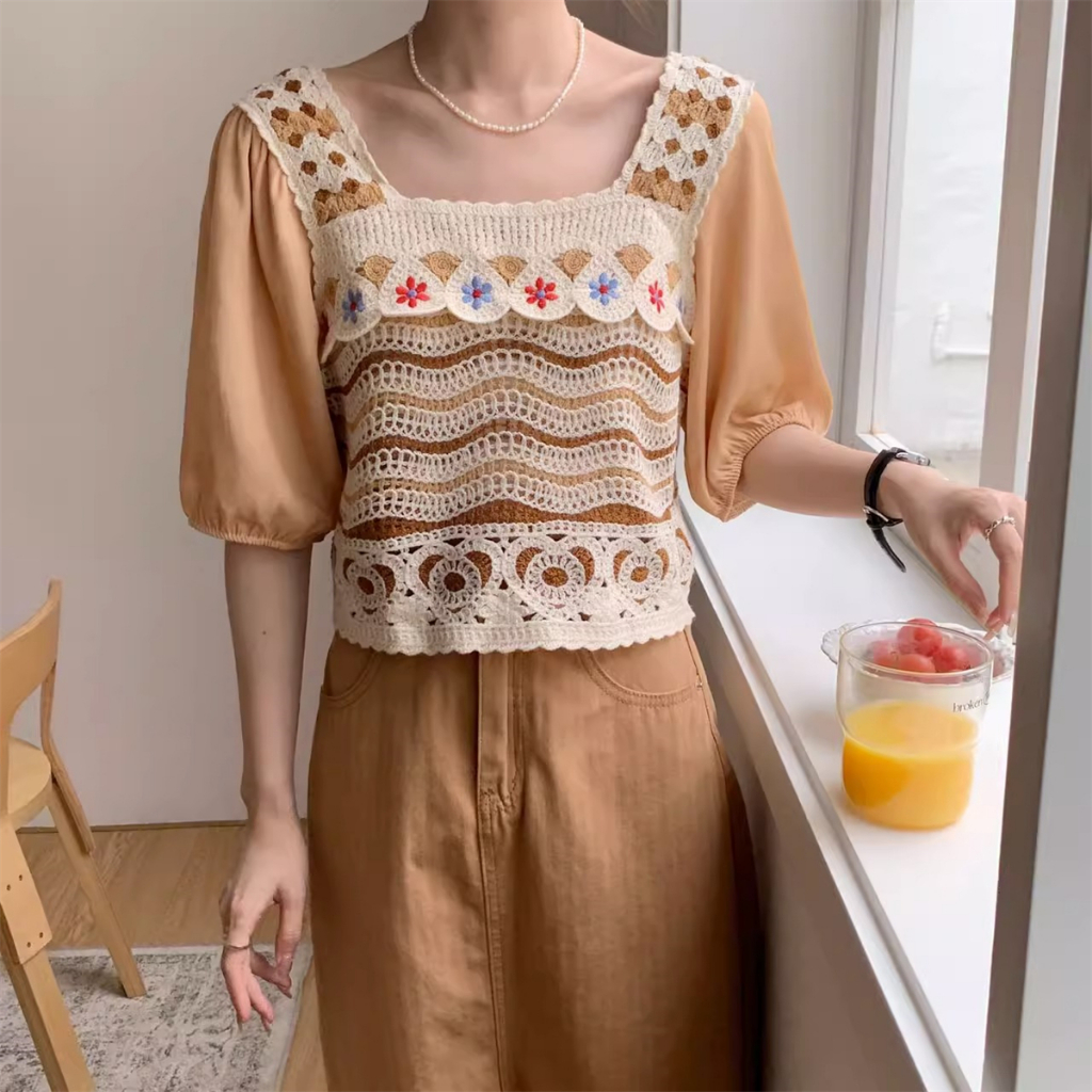 Áo Dệt Kim Ngắn Tay Giả Hai Lớp Màu Sắc Tương Phản Họa Tiết Hoa Phong Cách Vintage