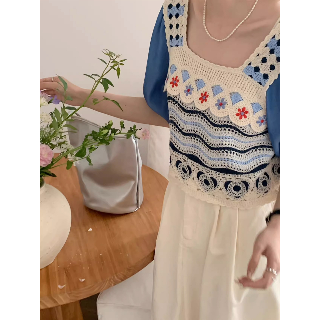 Áo Dệt Kim Ngắn Tay Giả Hai Lớp Màu Sắc Tương Phản Họa Tiết Hoa Phong Cách Vintage