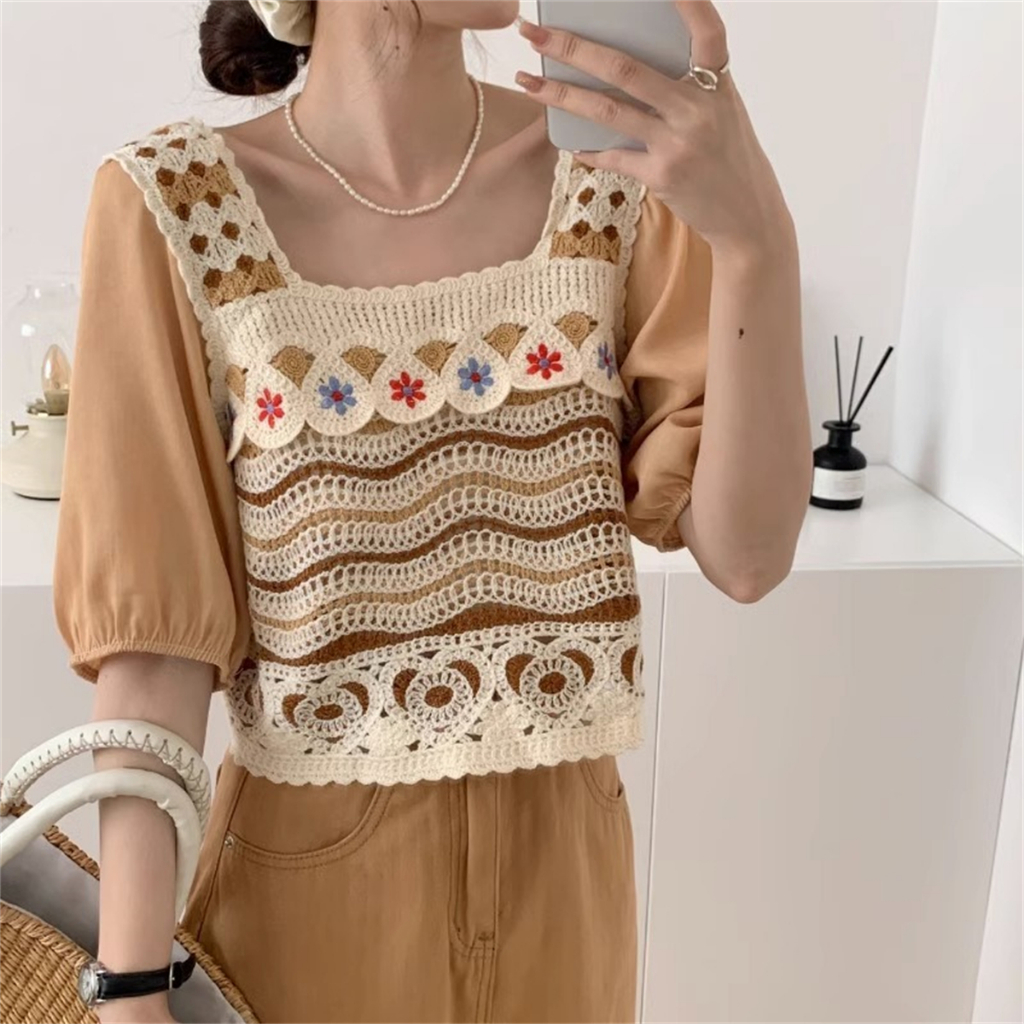 Áo Dệt Kim Ngắn Tay Giả Hai Lớp Màu Sắc Tương Phản Họa Tiết Hoa Phong Cách Vintage